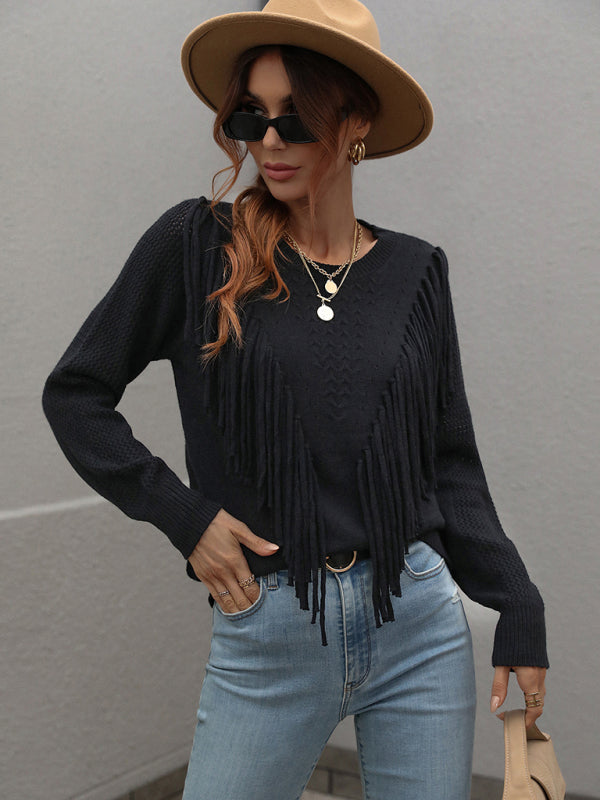 Pullover loose solid color knit fringed sweater