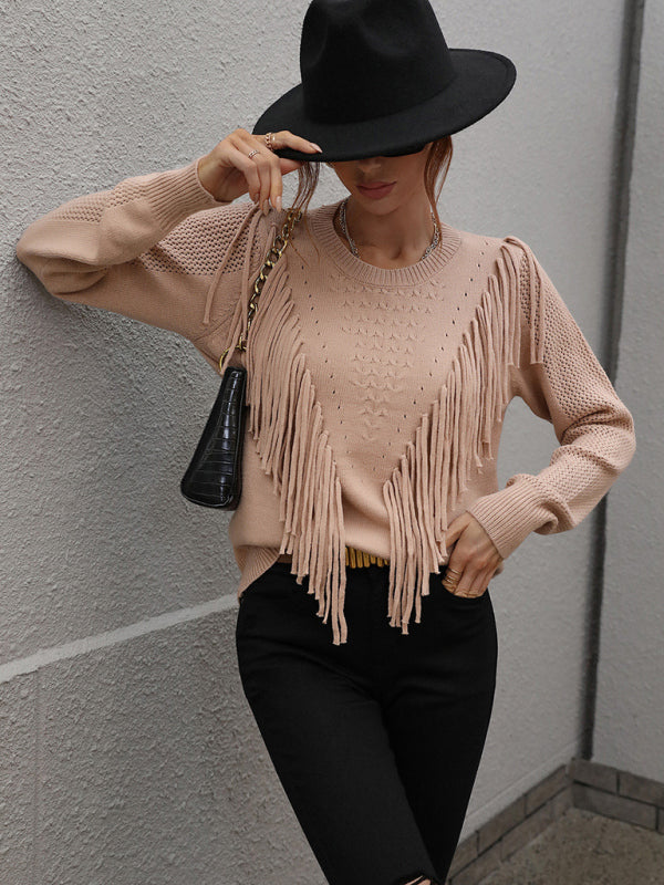 Pullover loose solid color knit fringed sweater