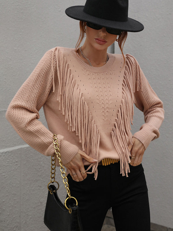 Pullover loose solid color knit fringed sweater