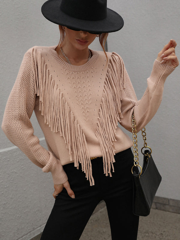 Pullover loose solid color knit fringed sweater