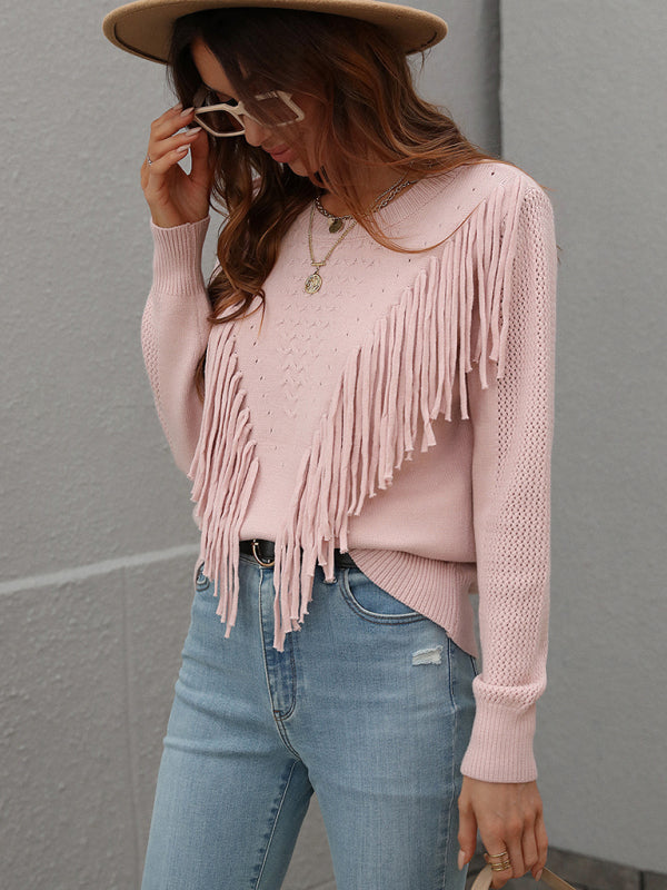 Pullover loose solid color knit fringed sweater