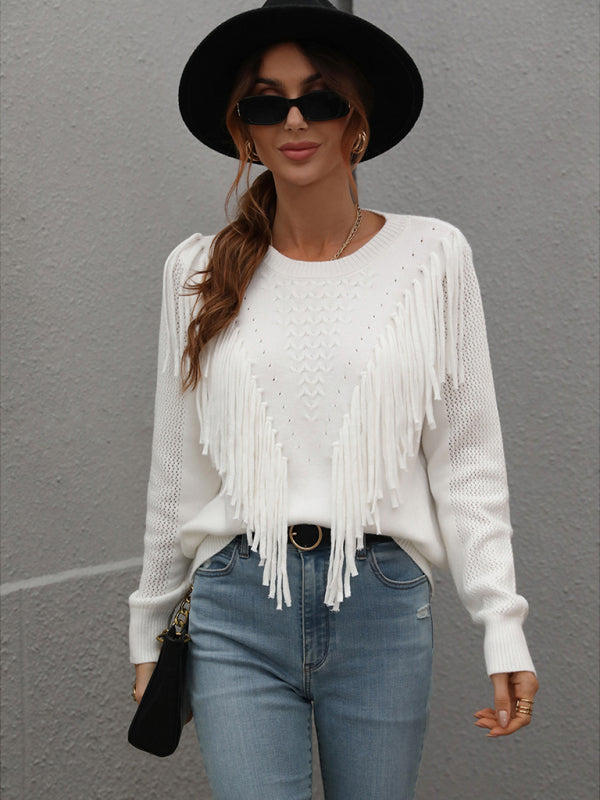 Pullover loose solid color knit fringed sweater