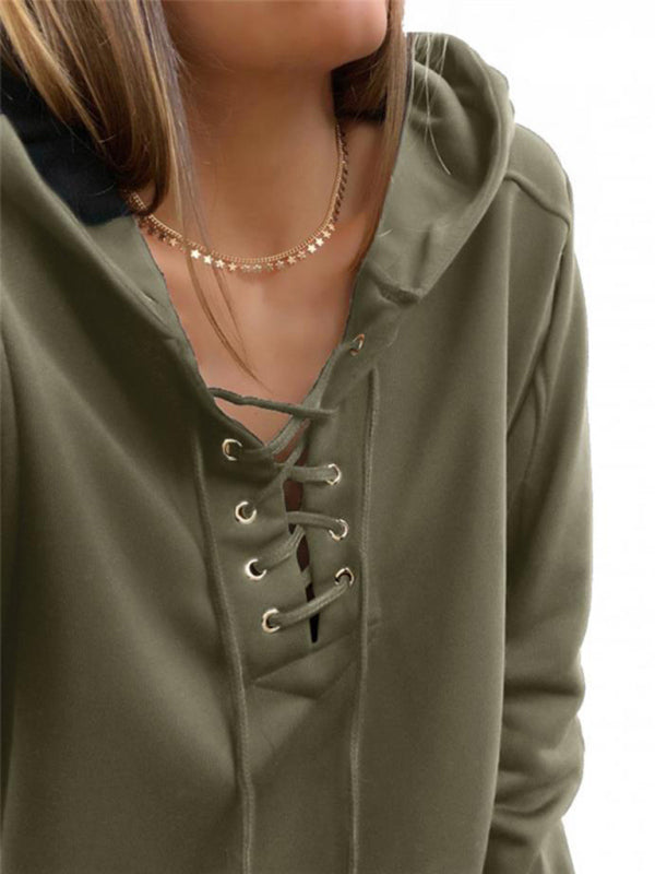 Women's Knit Solid Eyelet Lace-Up Hoodie