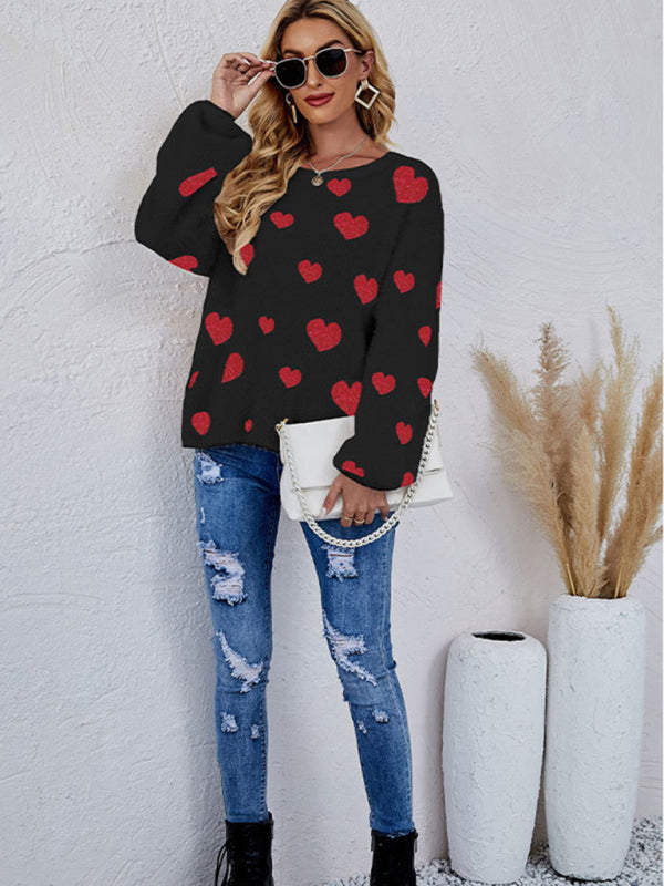 Valentine's Day Knitted Heart Round Neck Knit Pullover Long Sleeve Sweater Women