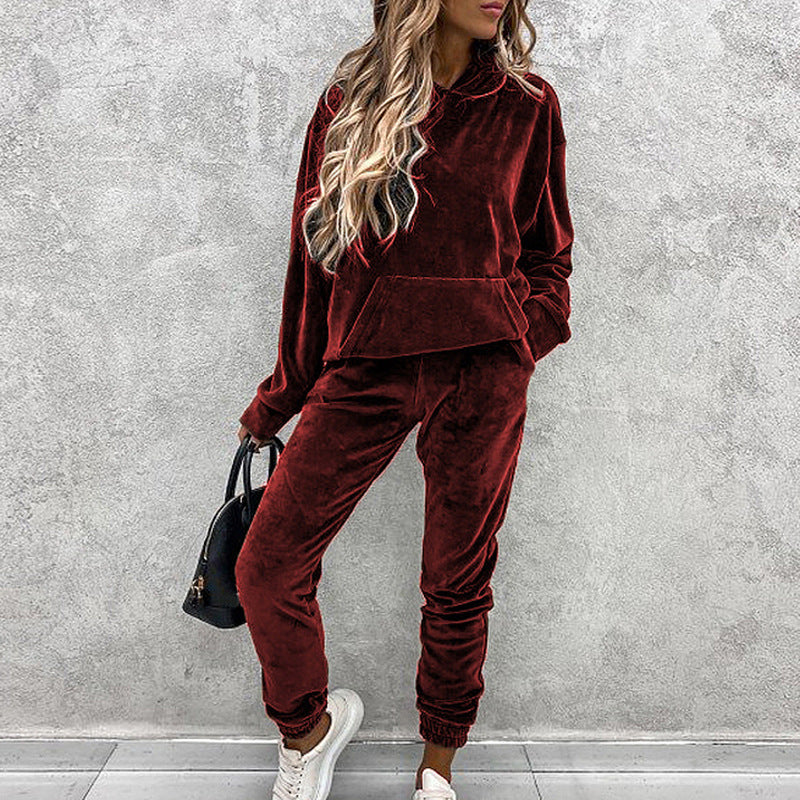 Women's solid color hooded sports casual velvet suit