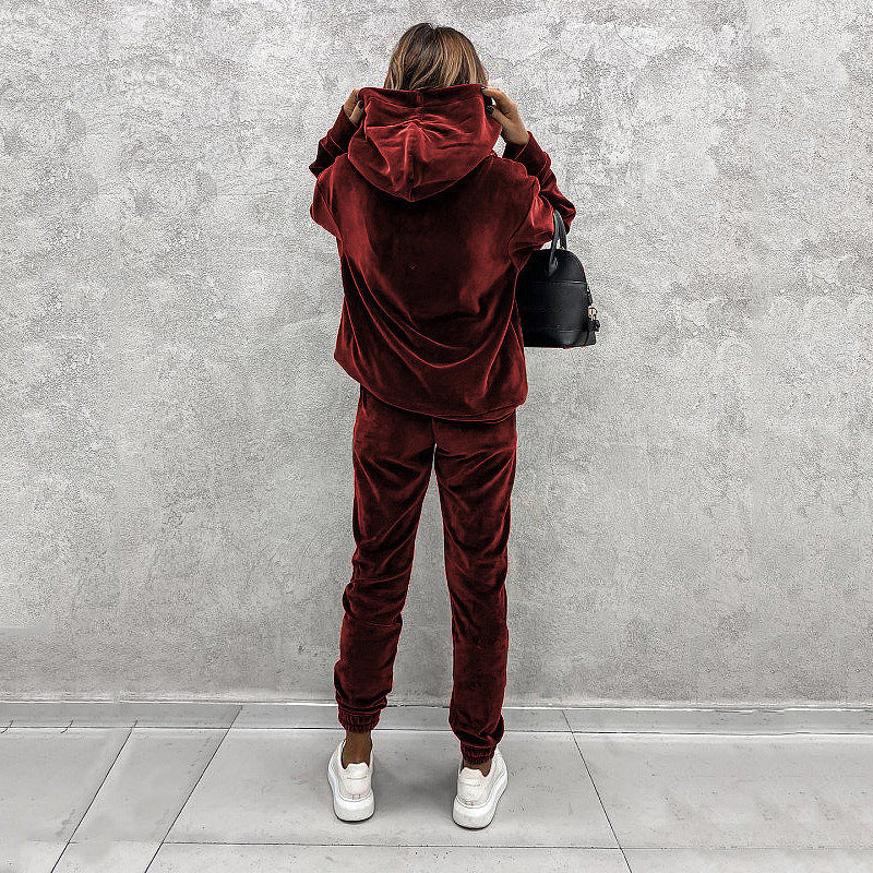 Women's solid color hooded sports casual velvet suit