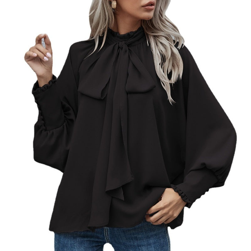 High-neck bow tie bubble long-sleeved loose all-match top