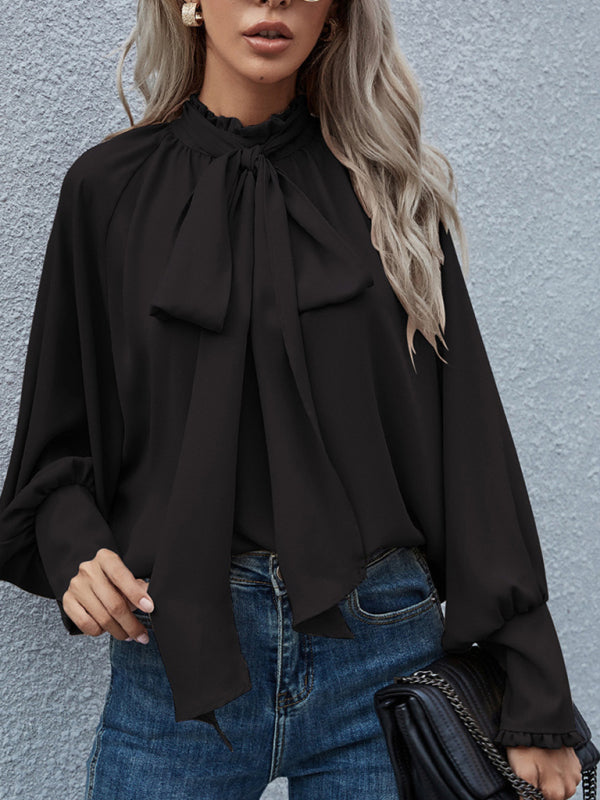 High-neck bow tie bubble long-sleeved loose all-match top