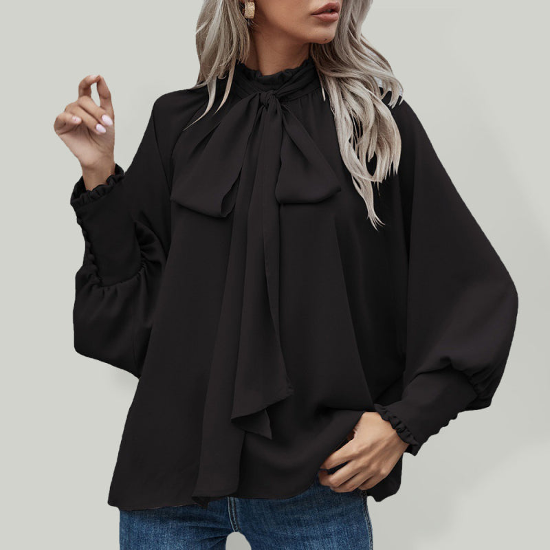 High-neck bow tie bubble long-sleeved loose all-match top