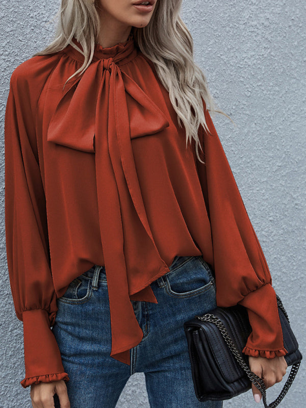 High-neck bow tie bubble long-sleeved loose all-match top