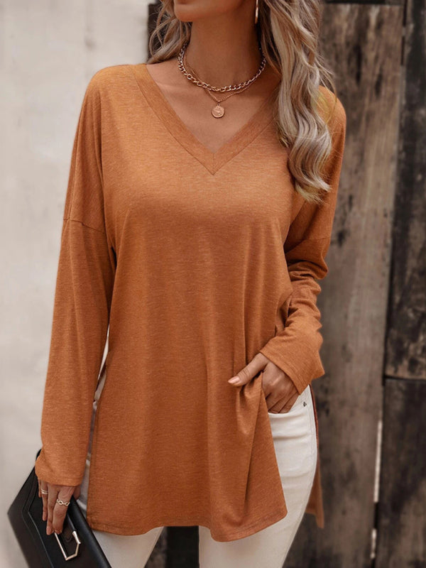 Women's casual solid color simple V-neck slit long-sleeved T-shirt