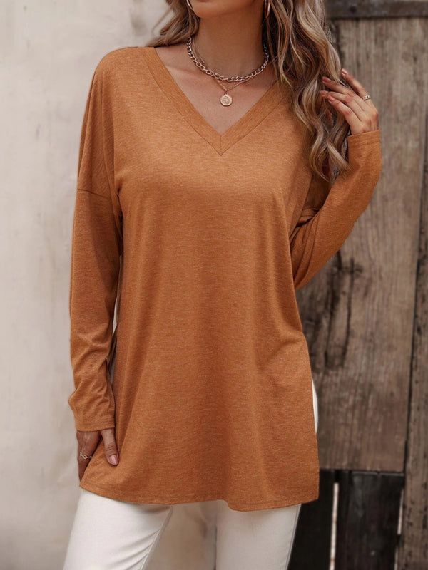 Women's casual solid color simple V-neck slit long-sleeved T-shirt