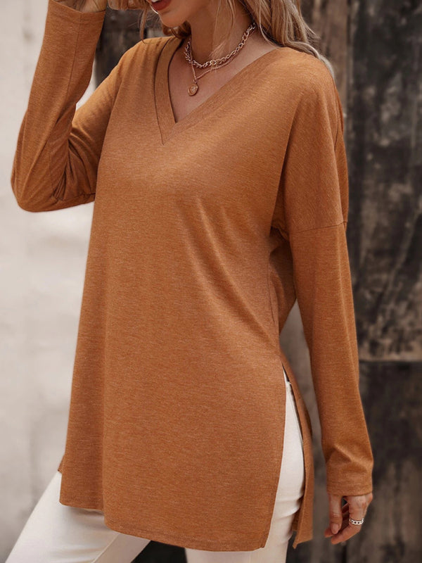 Women's casual solid color simple V-neck slit long-sleeved T-shirt