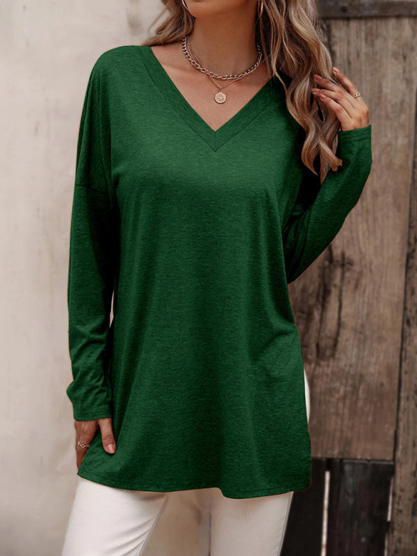 Women's casual solid color simple V-neck slit long-sleeved T-shirt