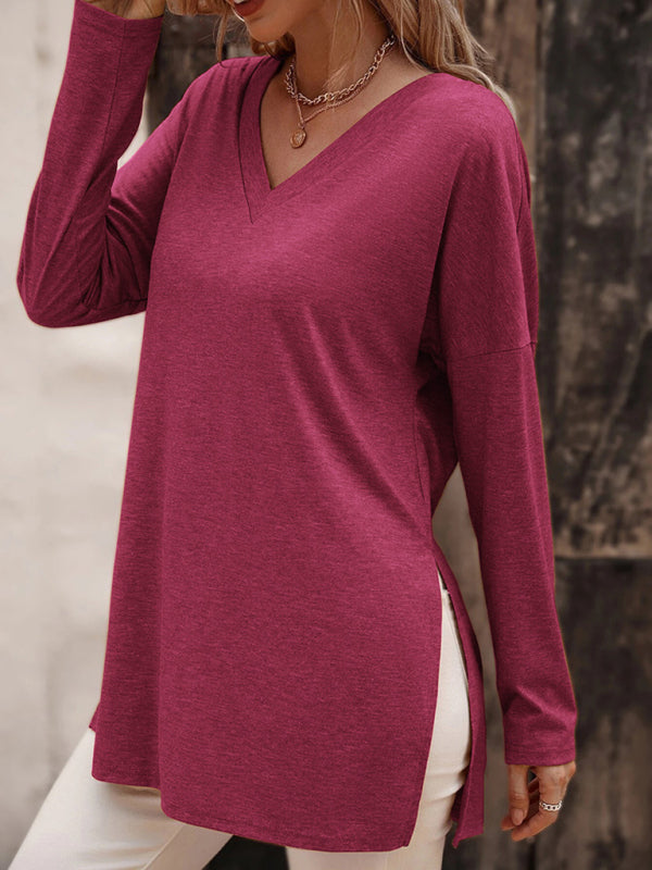 Women's casual solid color simple V-neck slit long-sleeved T-shirt