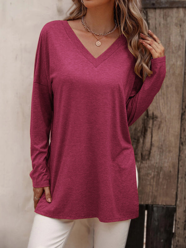 Women's casual solid color simple V-neck slit long-sleeved T-shirt