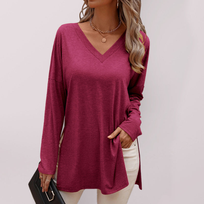 Women's casual solid color simple V-neck slit long-sleeved T-shirt