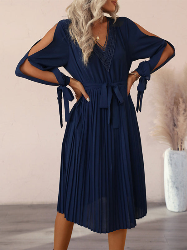 Women's woven V-neck hollow-out long-sleeved dress