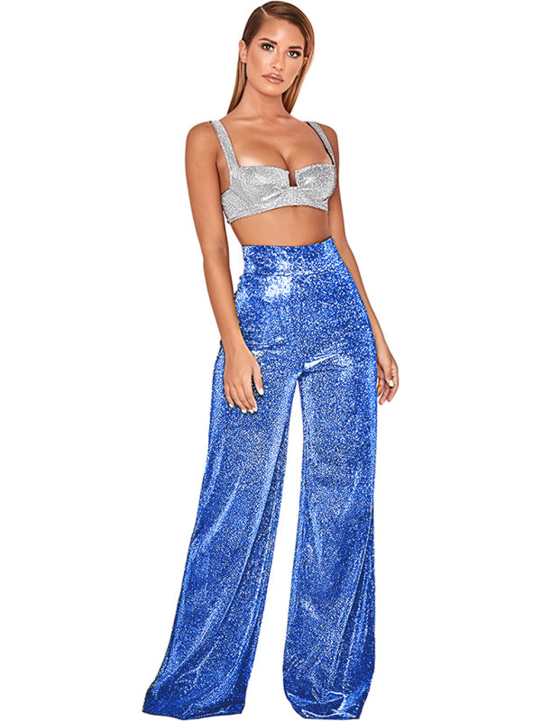 Hot Silver Wide Leg Pants High Waist Straight Ladies Casual Pants