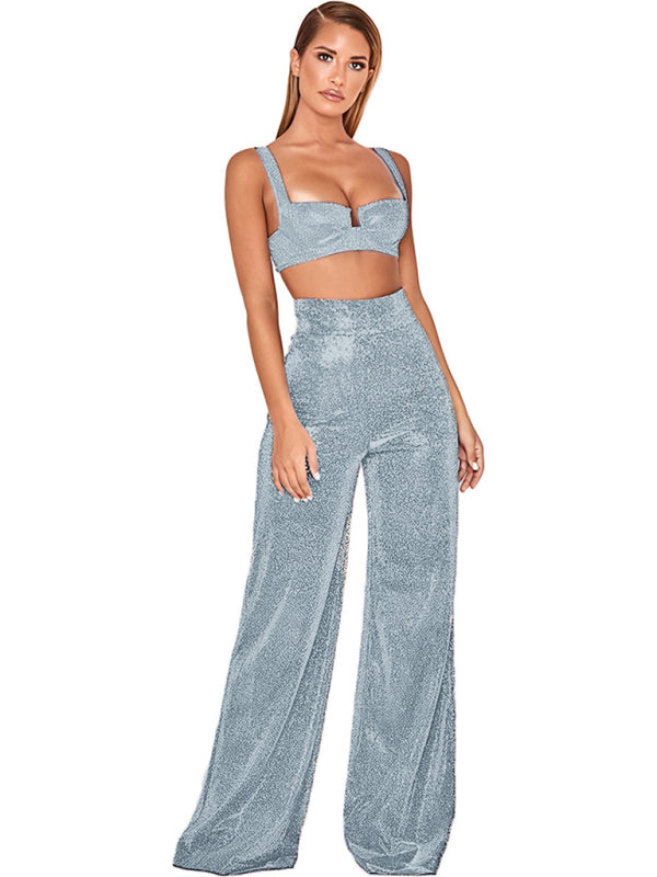 Hot Silver Wide Leg Pants High Waist Straight Ladies Casual Pants