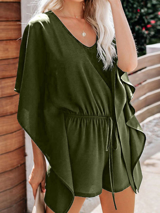 Women's temperament shorts European and American solid color V-neck high waist tie loose jumpsuit