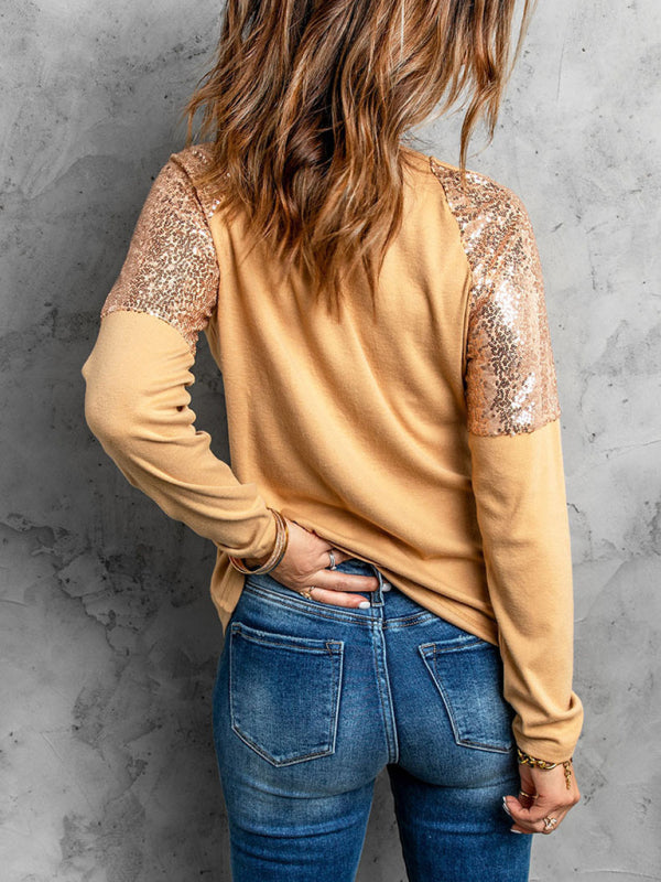 Women's Knitted Round Neck Stitching Sequin Raglan Long Sleeve Top