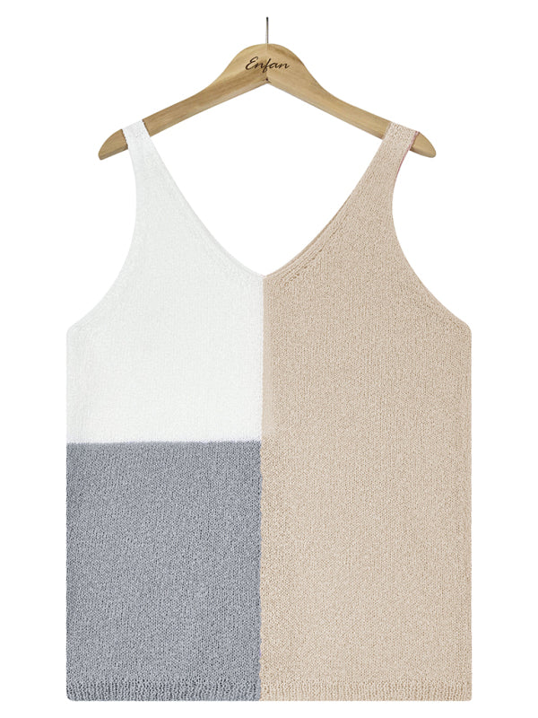 Women's Splicing Contrasting Color V-neck Casual Knit Tank Top