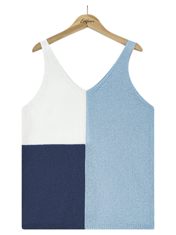 Women's Splicing Contrasting Color V-neck Casual Knit Tank Top