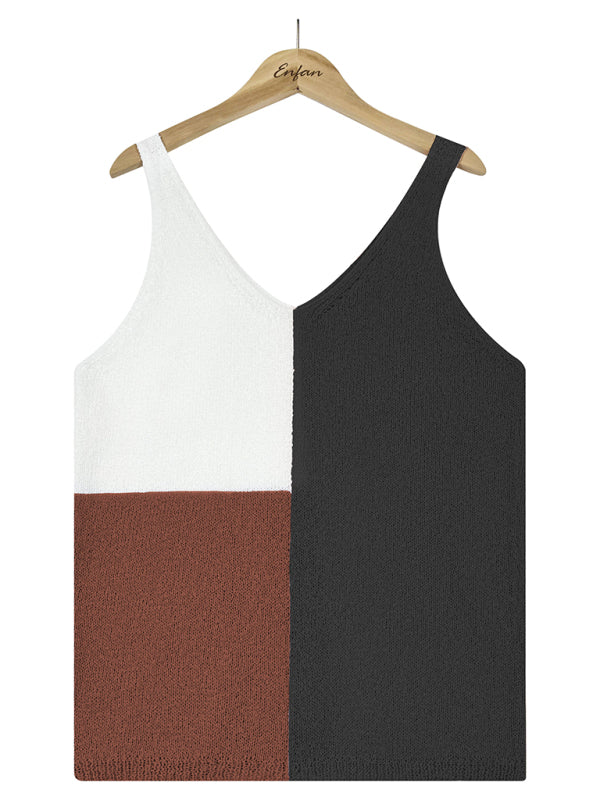 Women's Splicing Contrasting Color V-neck Casual Knit Tank Top