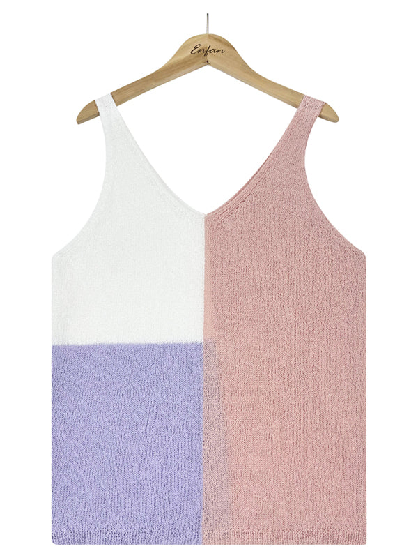 Women's Splicing Contrasting Color V-neck Casual Knit Tank Top