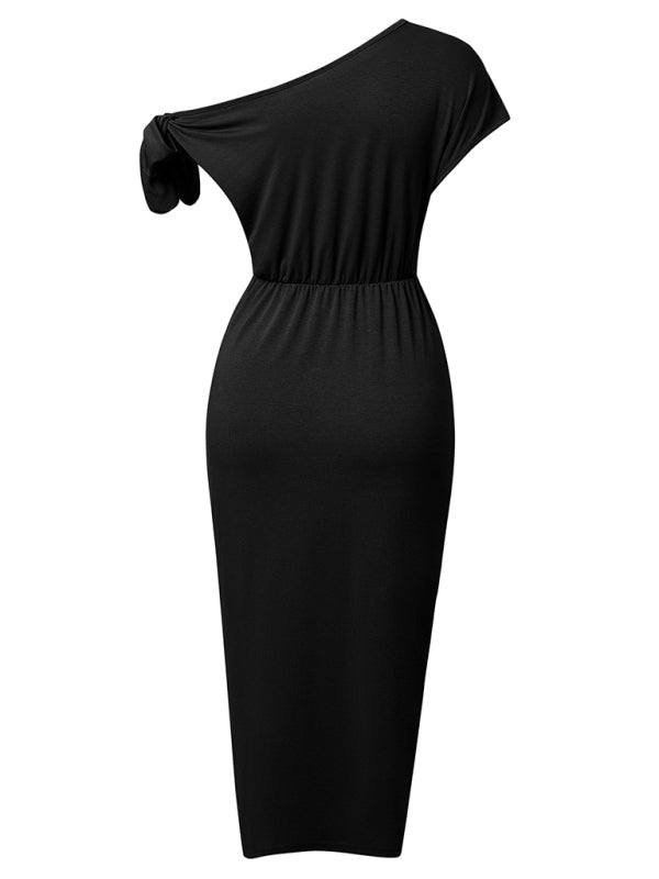 Women's Solid Color Casual Knit Slant Neck Slit Waist Dress