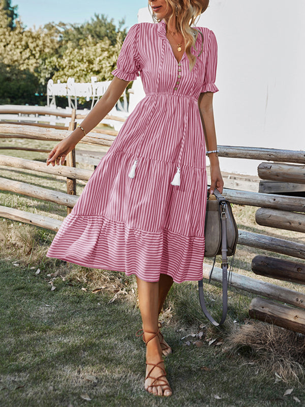 Striped Dress Temperament Waist Waist Tie Dress