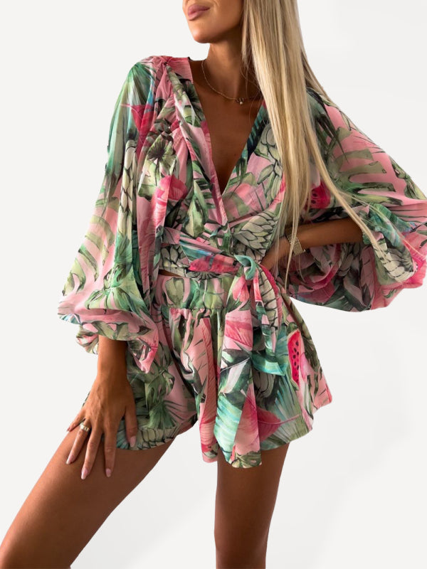 Women's woven floral long-sleeved shorts V-neck tropical rainforest jumpsuit