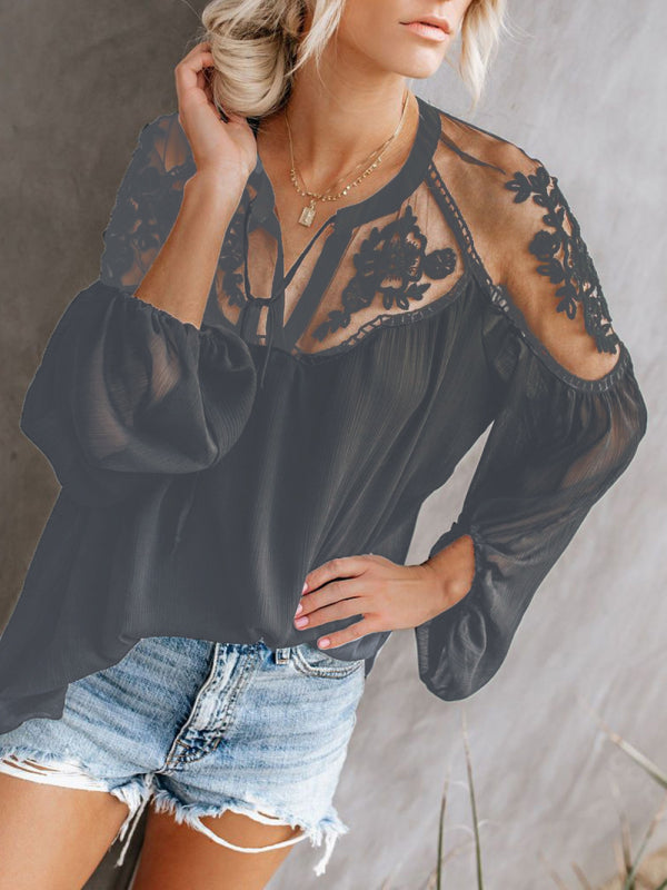 Sexy see-through V-neck lace shirt shirt