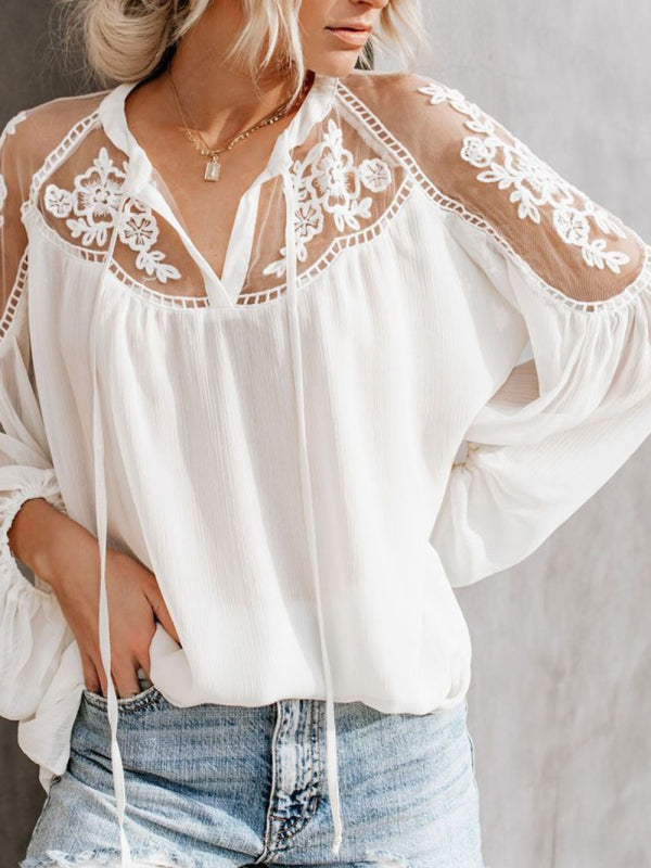 Sexy see-through V-neck lace shirt shirt