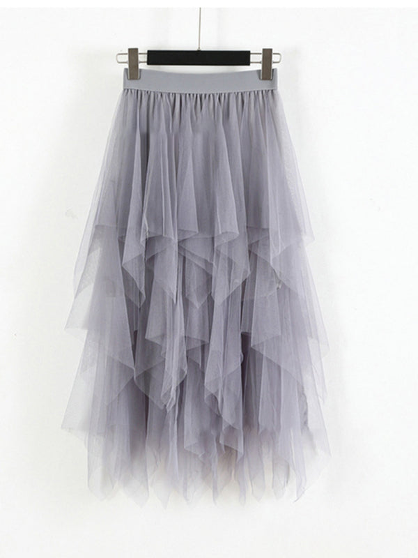 Mesh splicing skirt high waist slimming solid color mid-length fairy skirt