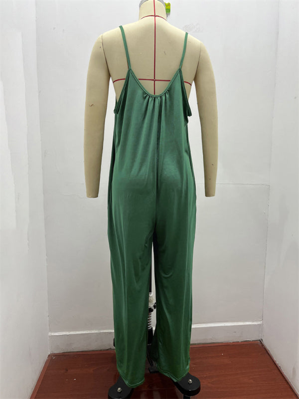 Trousers solid color side pocket loose casual suspender jumpsuit