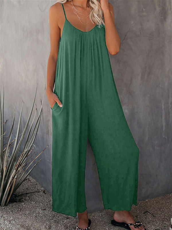 Trousers solid color side pocket loose casual suspender jumpsuit