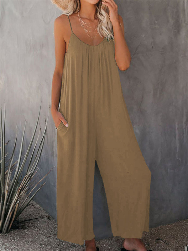 Trousers solid color side pocket loose casual suspender jumpsuit