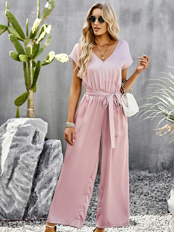 Women's Elegant Solid Color V Neck Jumpsuit