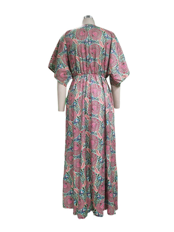 Women's V Neck Short Sleeve Loose Bohemian Print Midi Dress