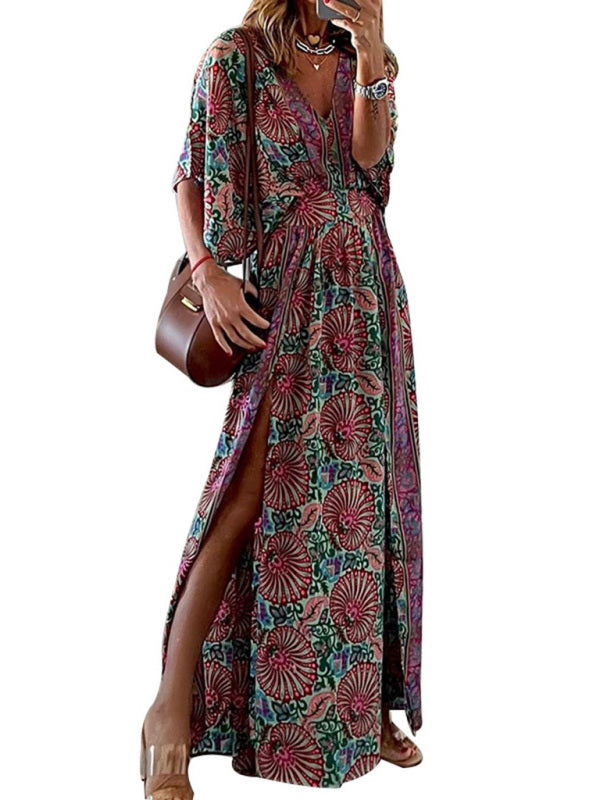 Women's V Neck Short Sleeve Loose Bohemian Print Midi Dress