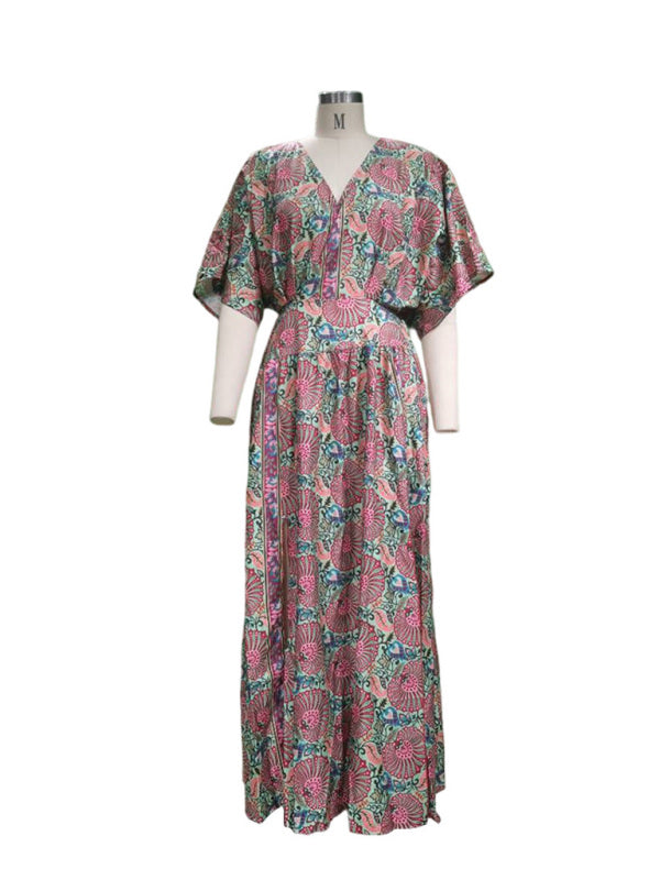 Women's V Neck Short Sleeve Loose Bohemian Print Midi Dress