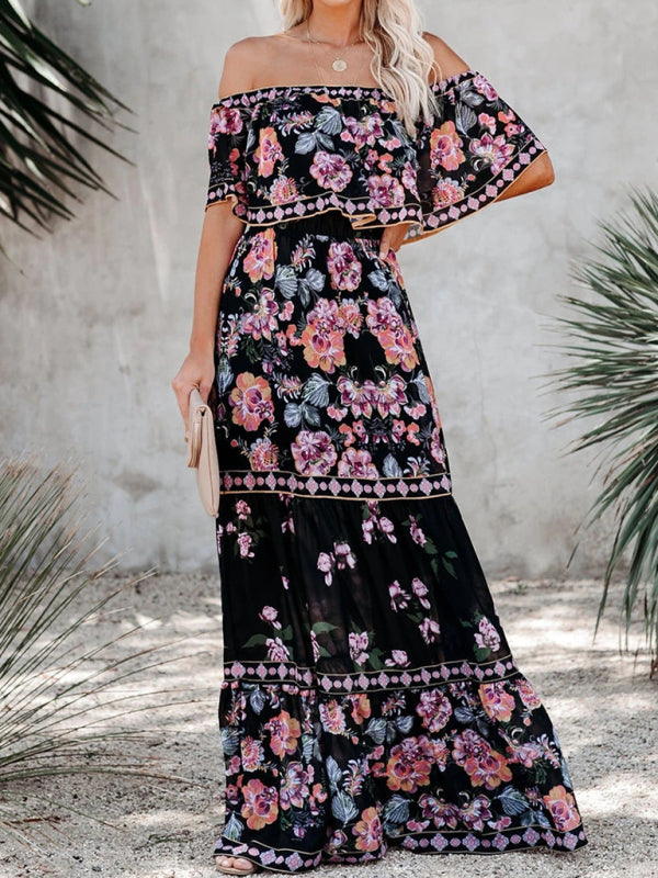 New one-shoulder printed long swing dress