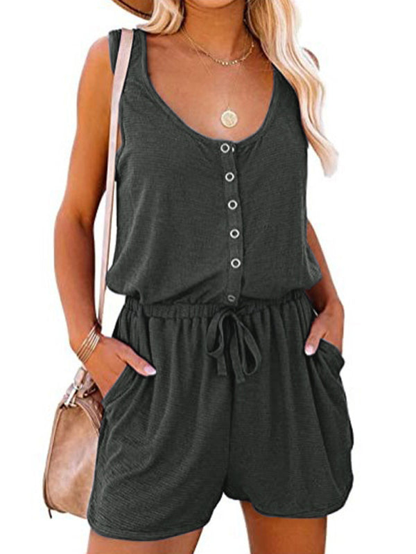 New sleeveless jumpsuit waist tie casual loose wide leg shorts