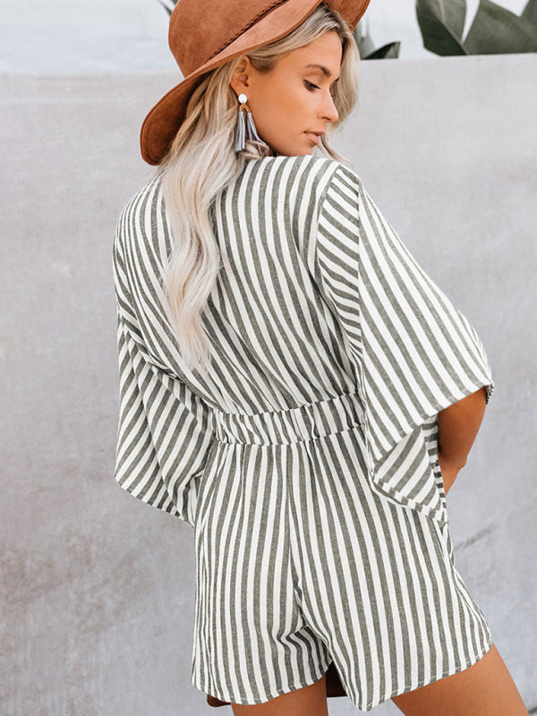 Summer slim waist striped jumpsuit deep V trumpet sleeve three-pointer