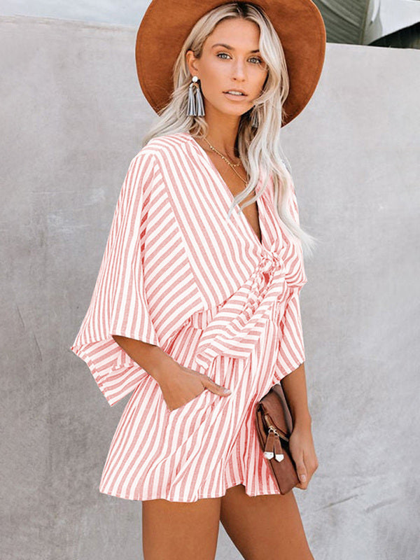 Summer slim waist striped jumpsuit deep V trumpet sleeve three-pointer