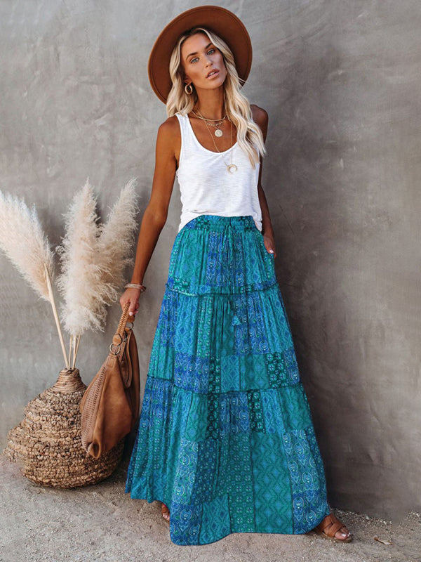 New Bohemian style skirt European and American loose casual high waist long skirt