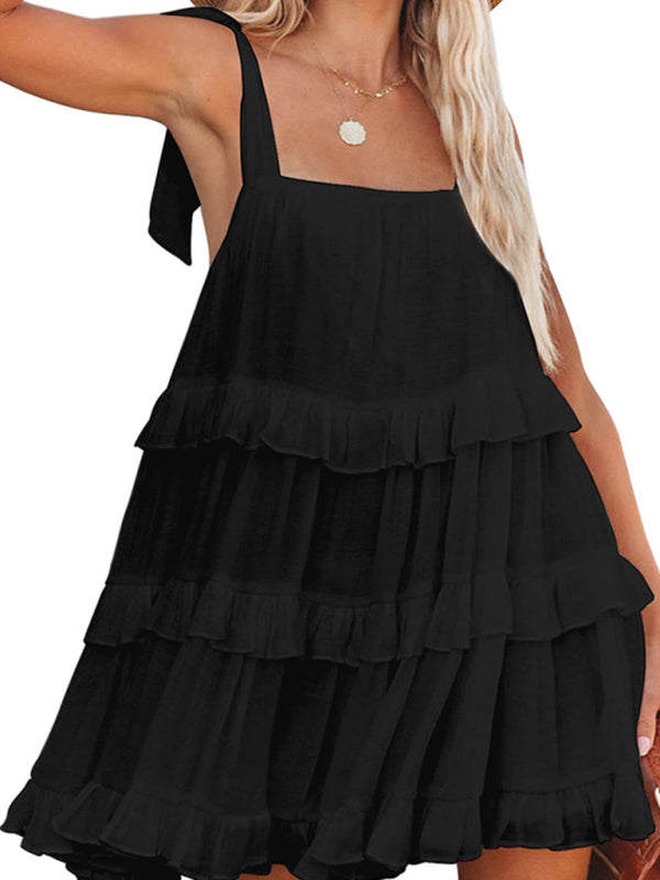 Women's Solid Color Ruffled Strappy Strap Dress