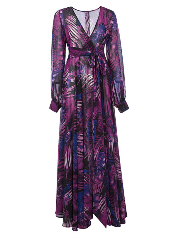 Women's Lantern Sleeve V Neck Tie Leaf Print Swing Dress